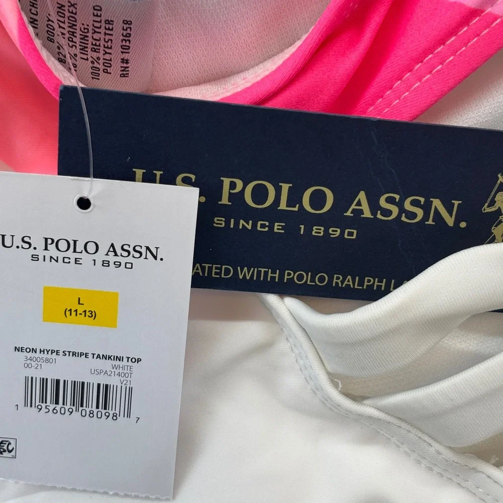 U.S. Polo Assn. Tankini Top Kids Size L 11-13 White Neon Hype Stripe‎ USPA21400T